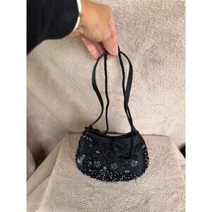 Black Beaded & Embroidered Shoulder Bag with Mirror